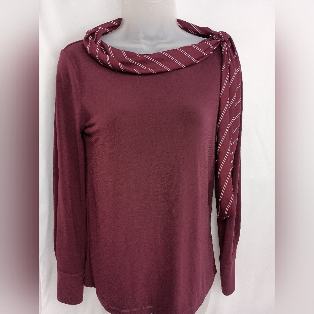 Ann Taylor Striped Long Sleeve Burgundy Top Work Office Nautical Holidays XS